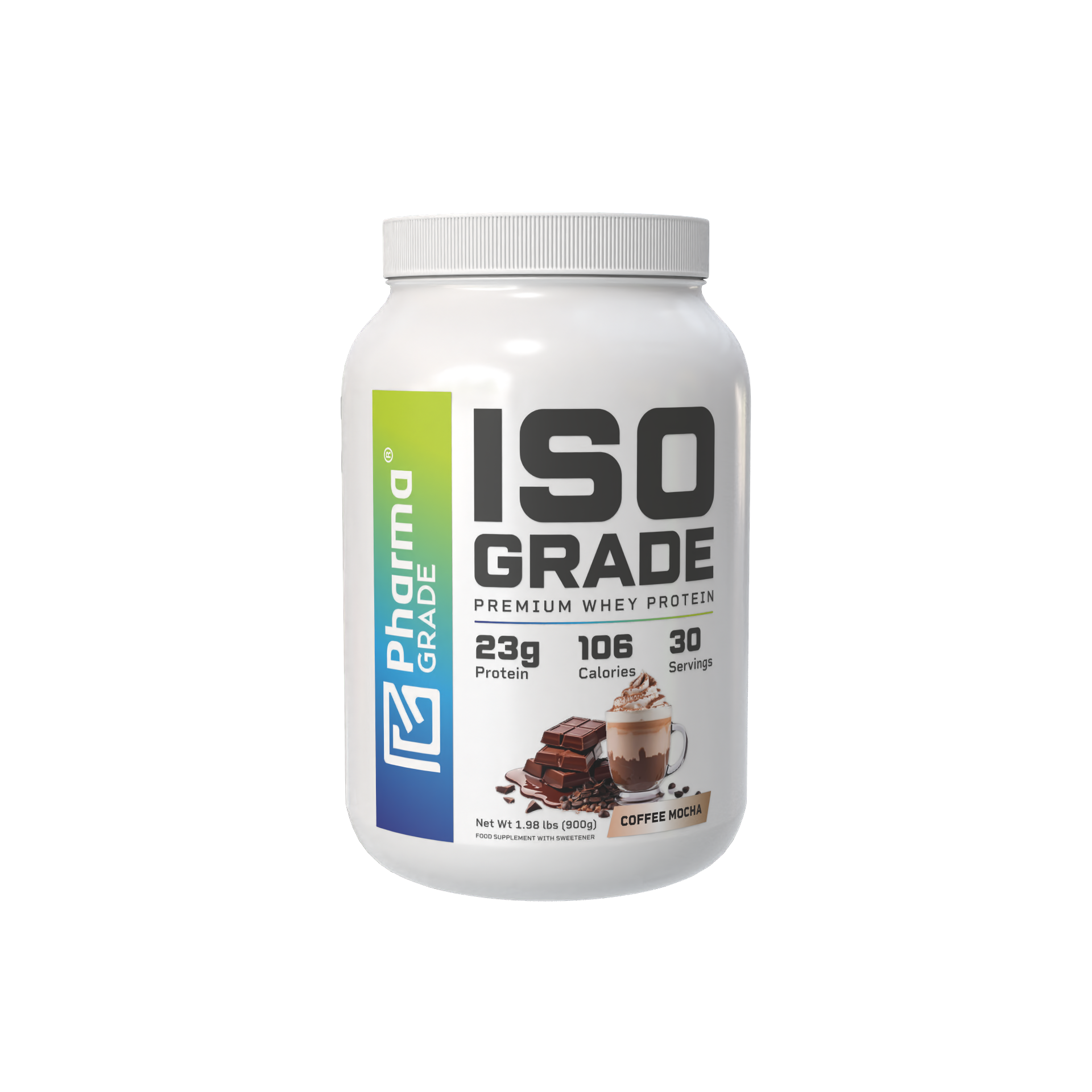 Pharma Grade ISO Grade Whey Protein aroma Coffee Mocha 900g flacon frontal