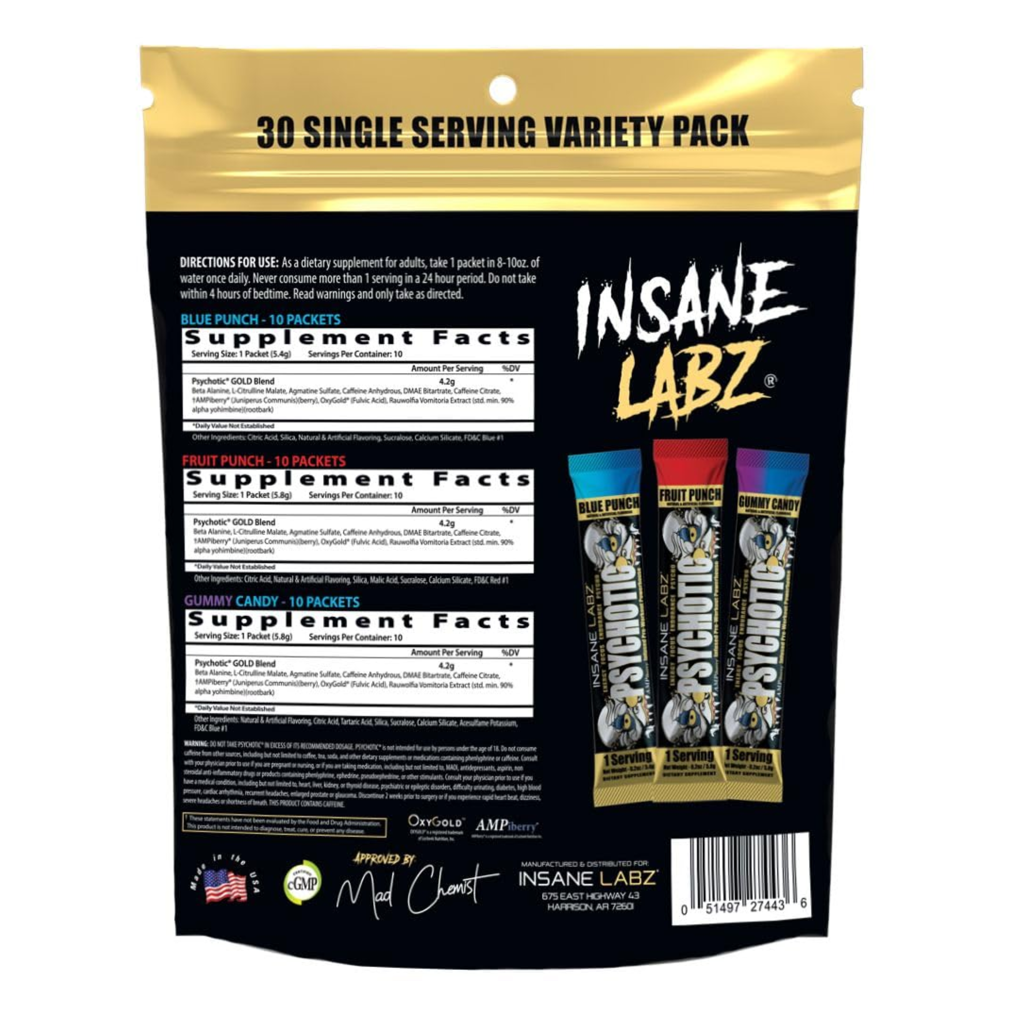 Pre-Workout, Insane Labz, Psychotic Gold, 30 Servings