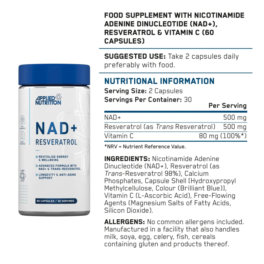 NAD+ Resveratrol, Applied Nutrition, NAD + Resveratrol, 60 Capsule