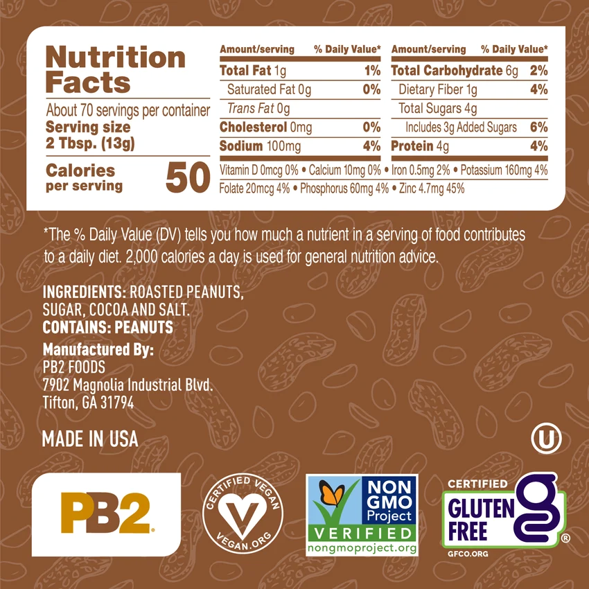Pudră de Arahide cu Cacao, PB2 Foods, Cocoa Peanut Powder, 184g