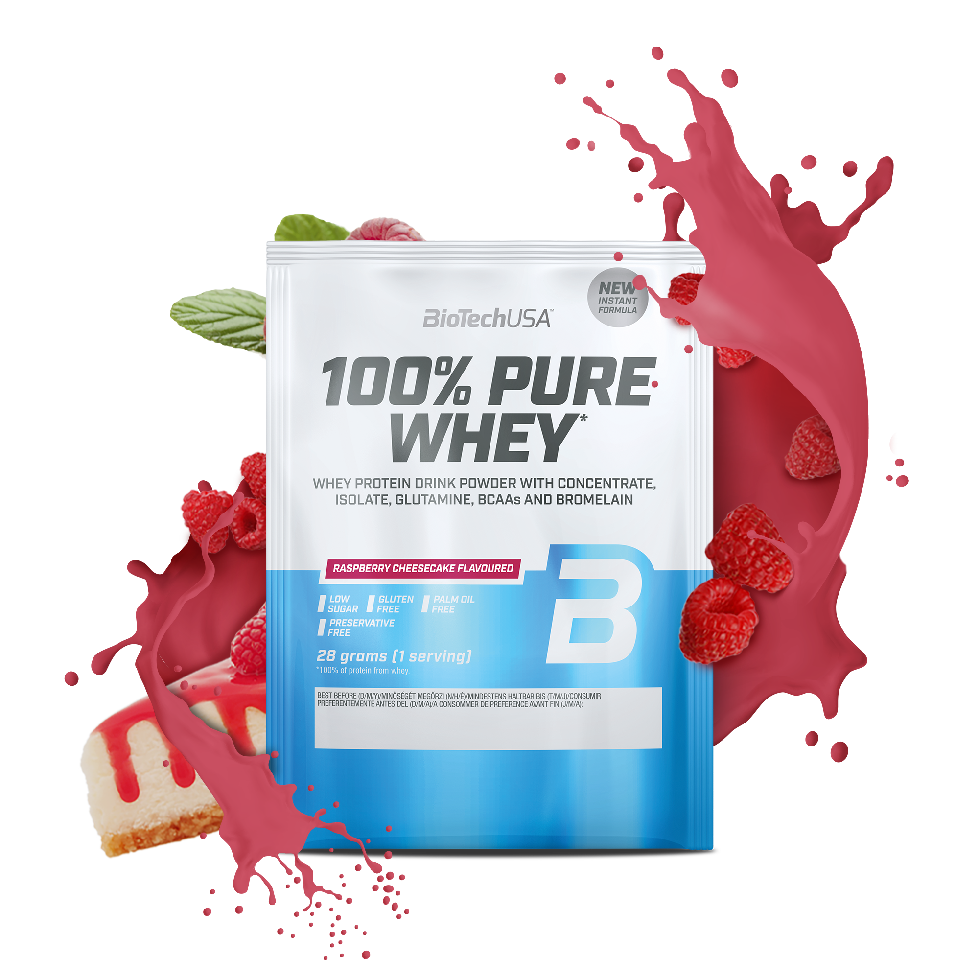 Proteina din zer, BioTechUSA, 100% Pure Whey, 28g, Raspberry Cheesecake