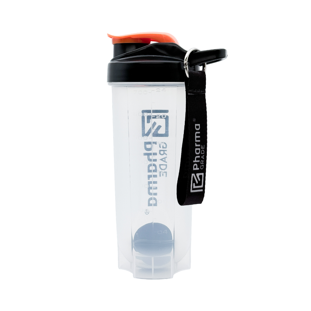 Shaker Pharma Grade Pro 700ml vedere laterala gradatii si curea de transport