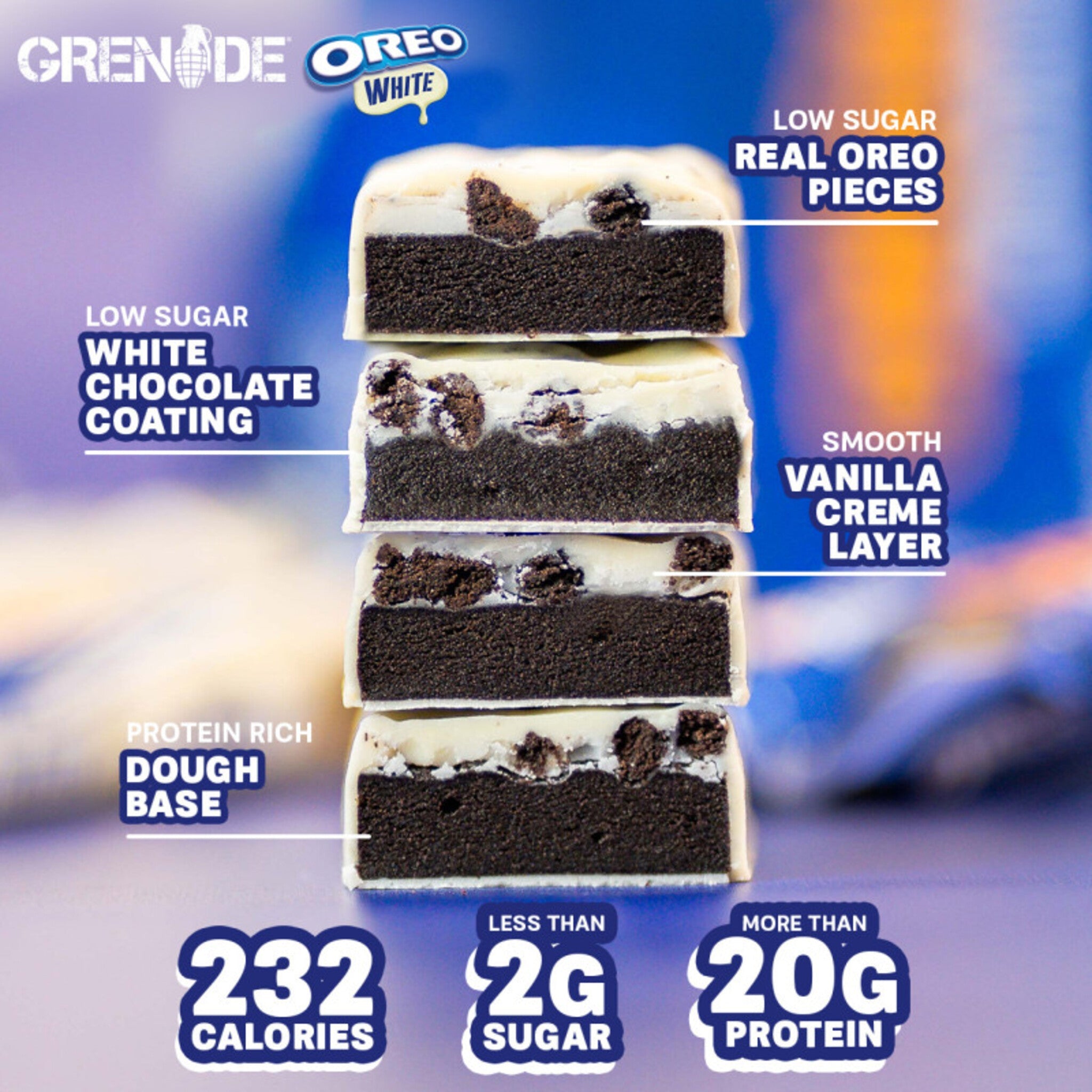 Baton Proteic, Grenade, Baton Proteic cu Ciocolata Alba si Oreo, 60g
