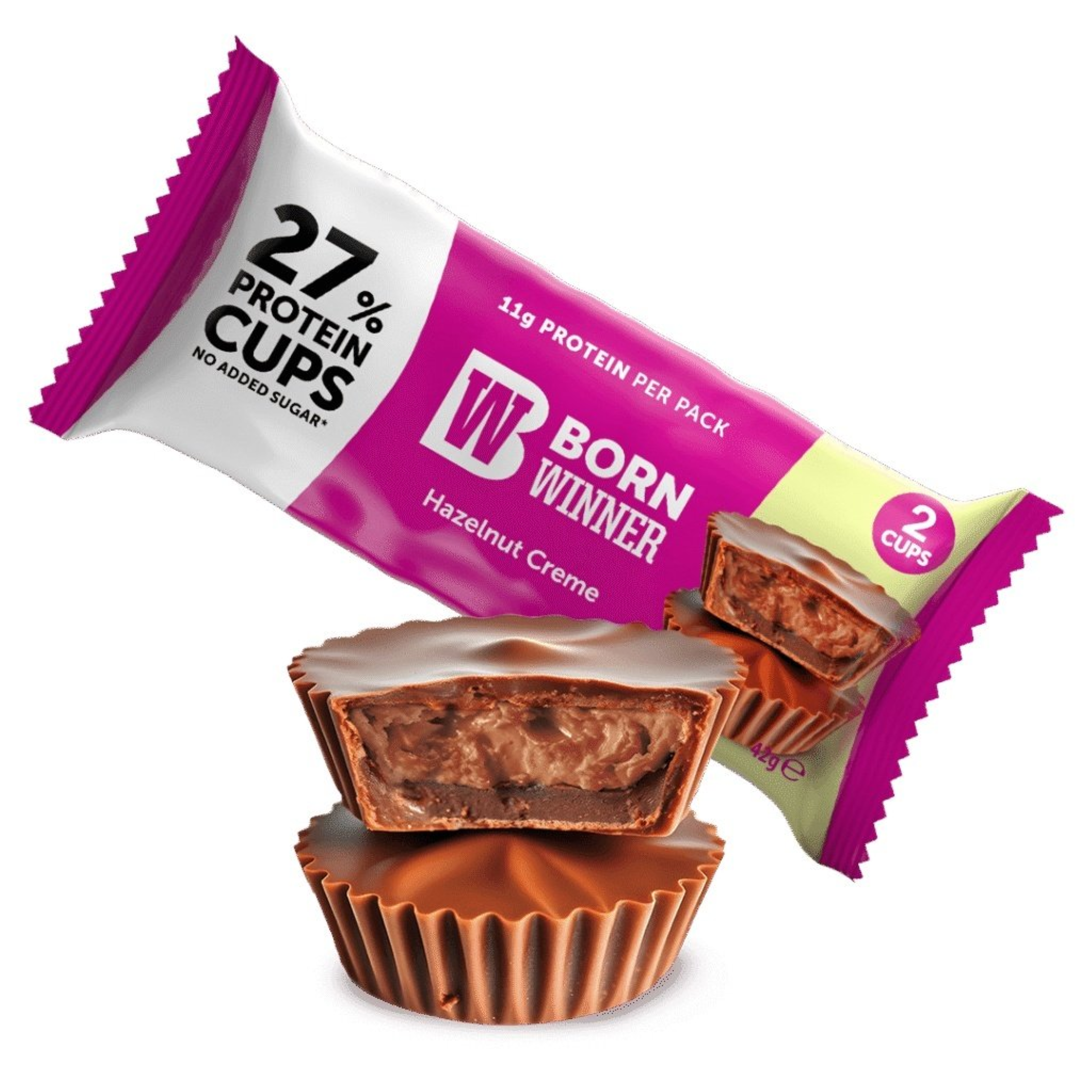 Cupe Proteice, Born Winner, 27% Protein Cups, Chocolate Cups with Hazelnut Creme, 2 x 21g