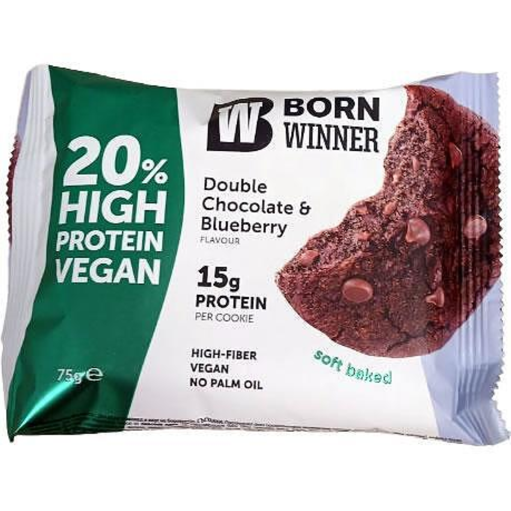 Prajitura Proteica Vegana, Born Winner, 20% High Protein Vegan, 75g, Double Chocolate & Blueberry