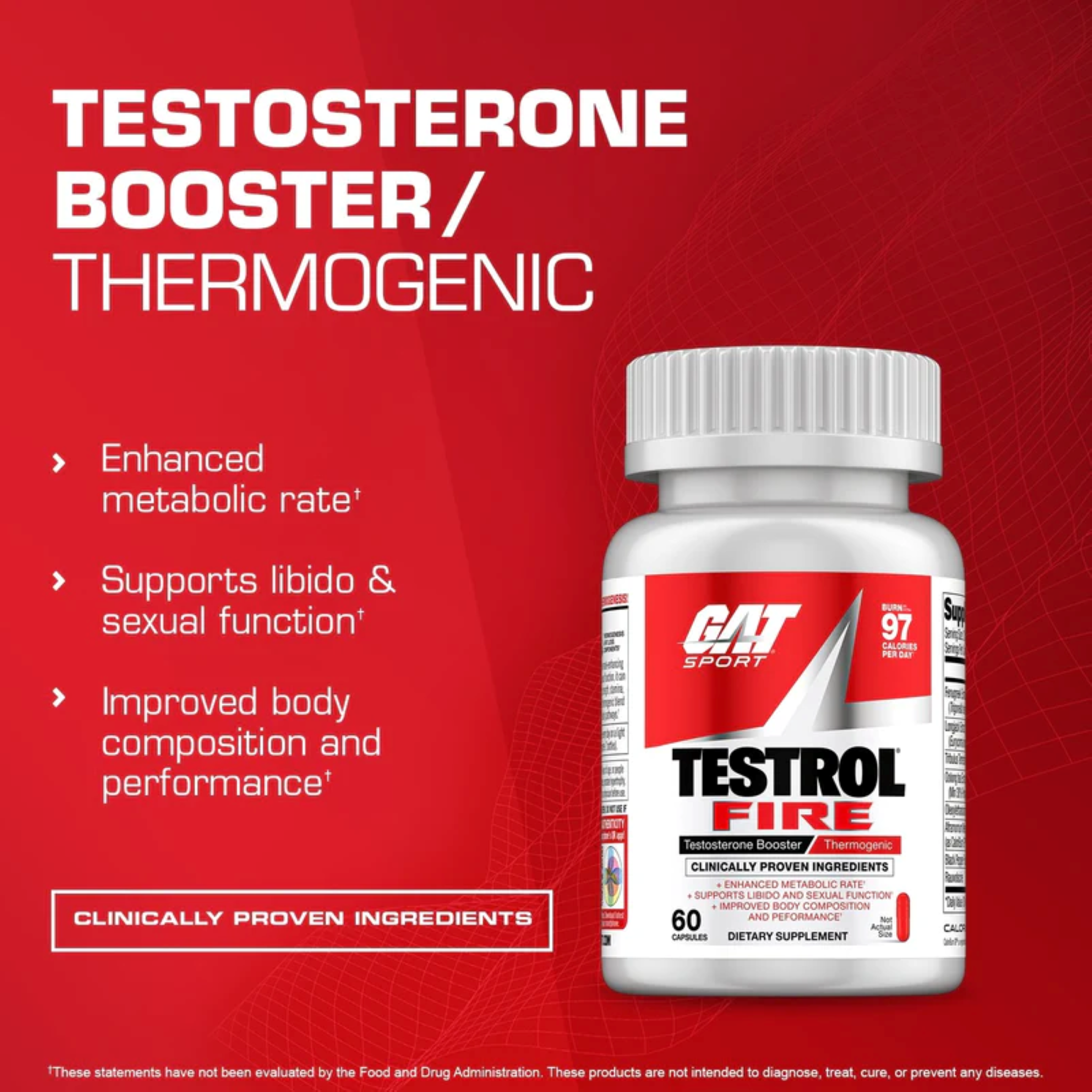 Performanta Sportiva + Termogenic, GAT Sport, Testrol Fire, 60 Capsule
