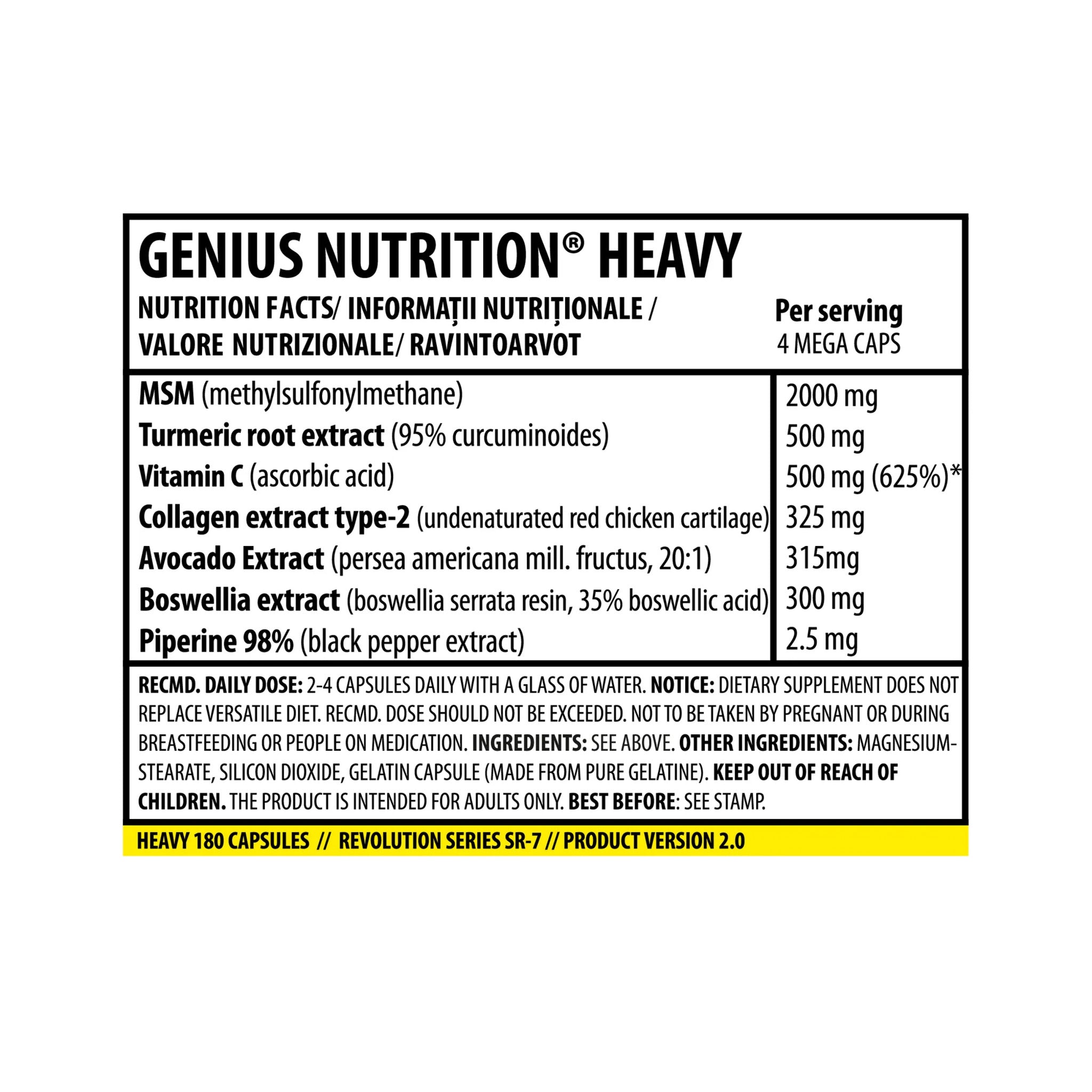 Supliment pentru Articulatii, Genius Nutrition, Heavy, Joint Support Formula, 180 Capsule