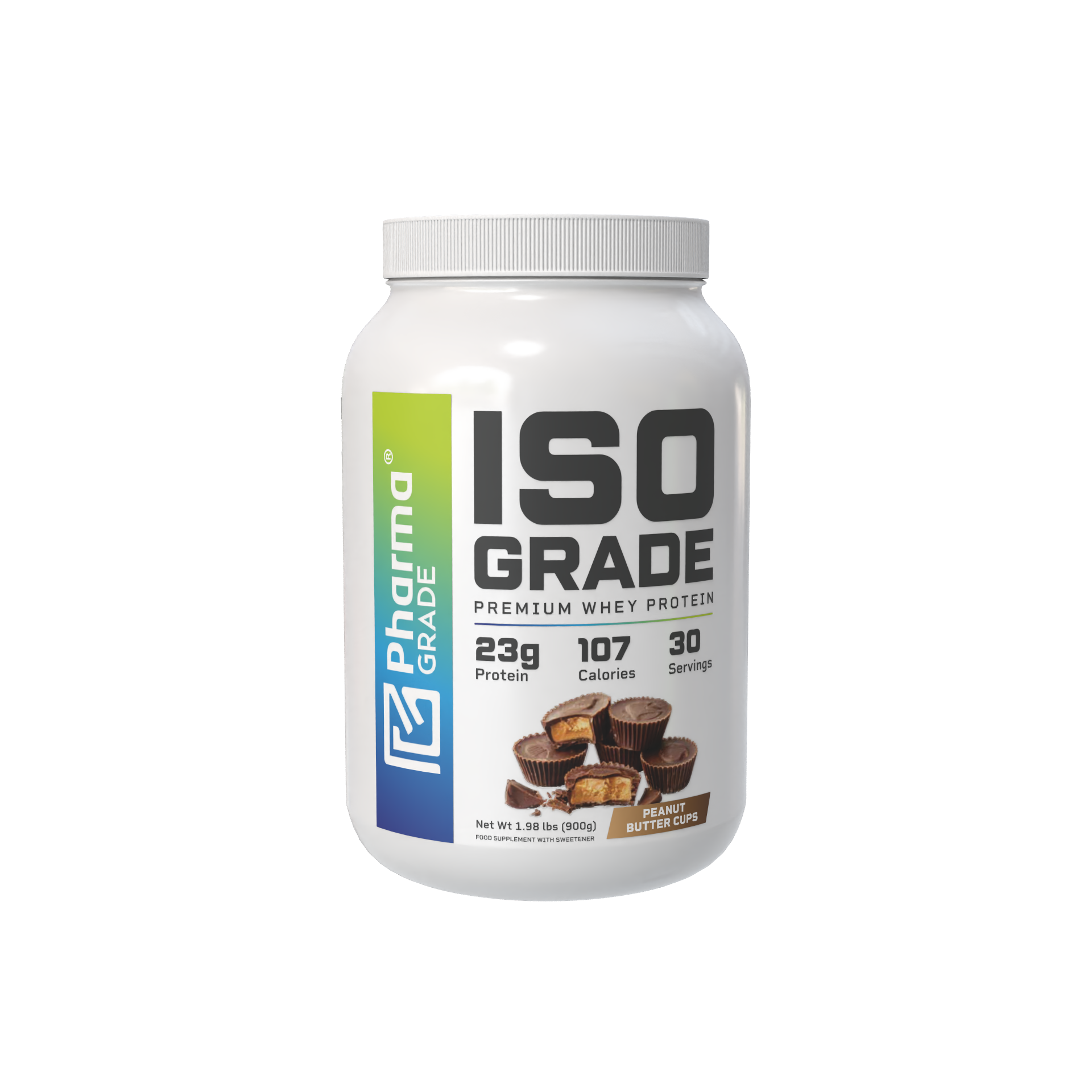 Pharma Grade ISO Grade Whey Protein aroma Peanut Butter Cups 900g flacon frontal