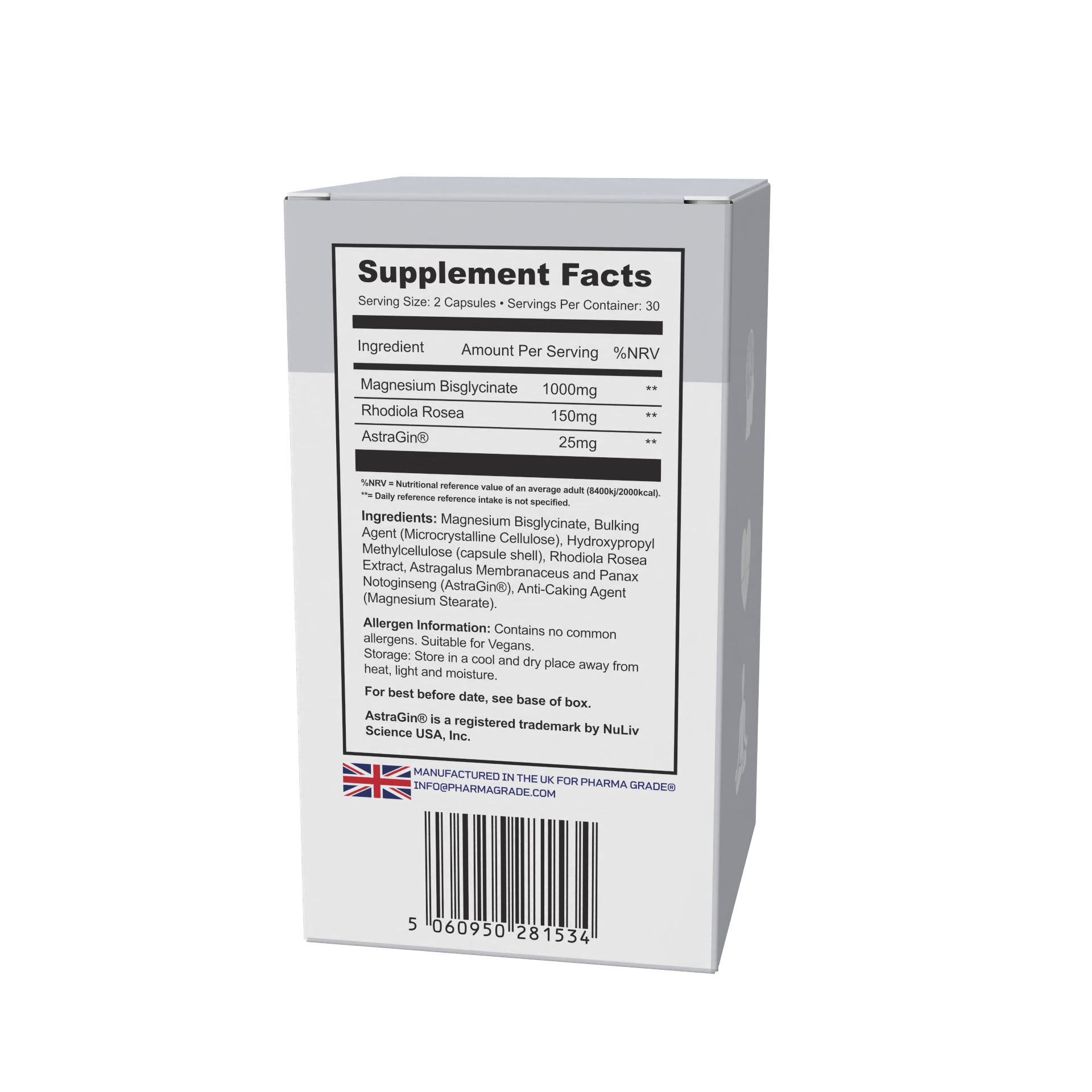 Supplement Facts Magnebis Pharma Grade cu magneziu bisglicinat Rhodiola rosea si AstraGin