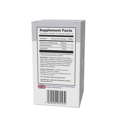 Supplement Facts Magnebis Pharma Grade cu magneziu bisglicinat Rhodiola rosea si AstraGin