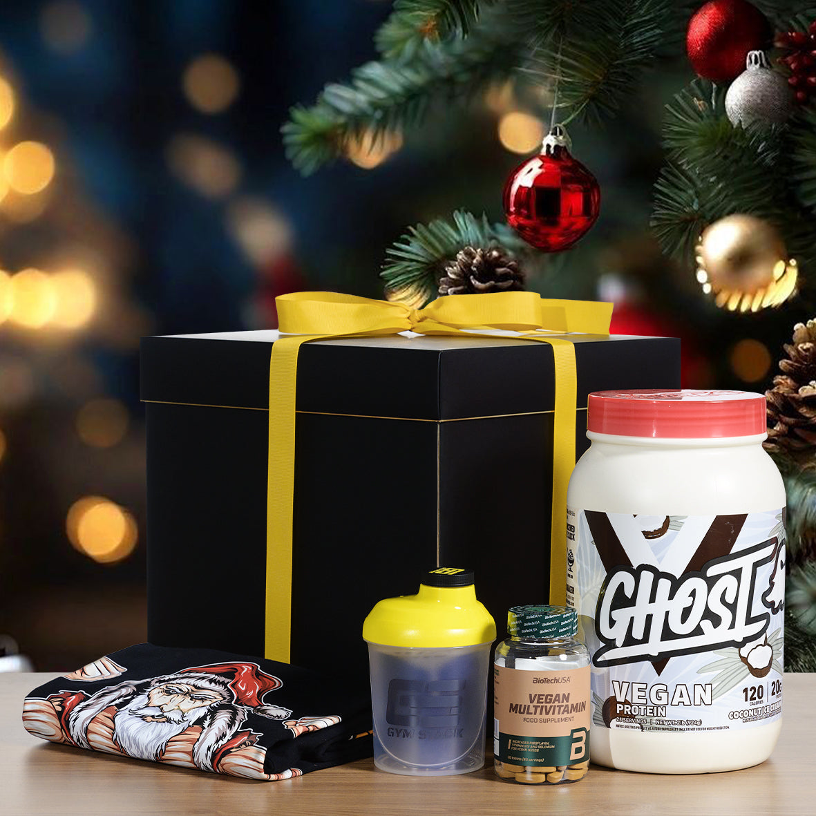 Pachet Cadou Craciun, Proteina Vegana Ghost + Multivitamine Vegane + Shaker + Tricou