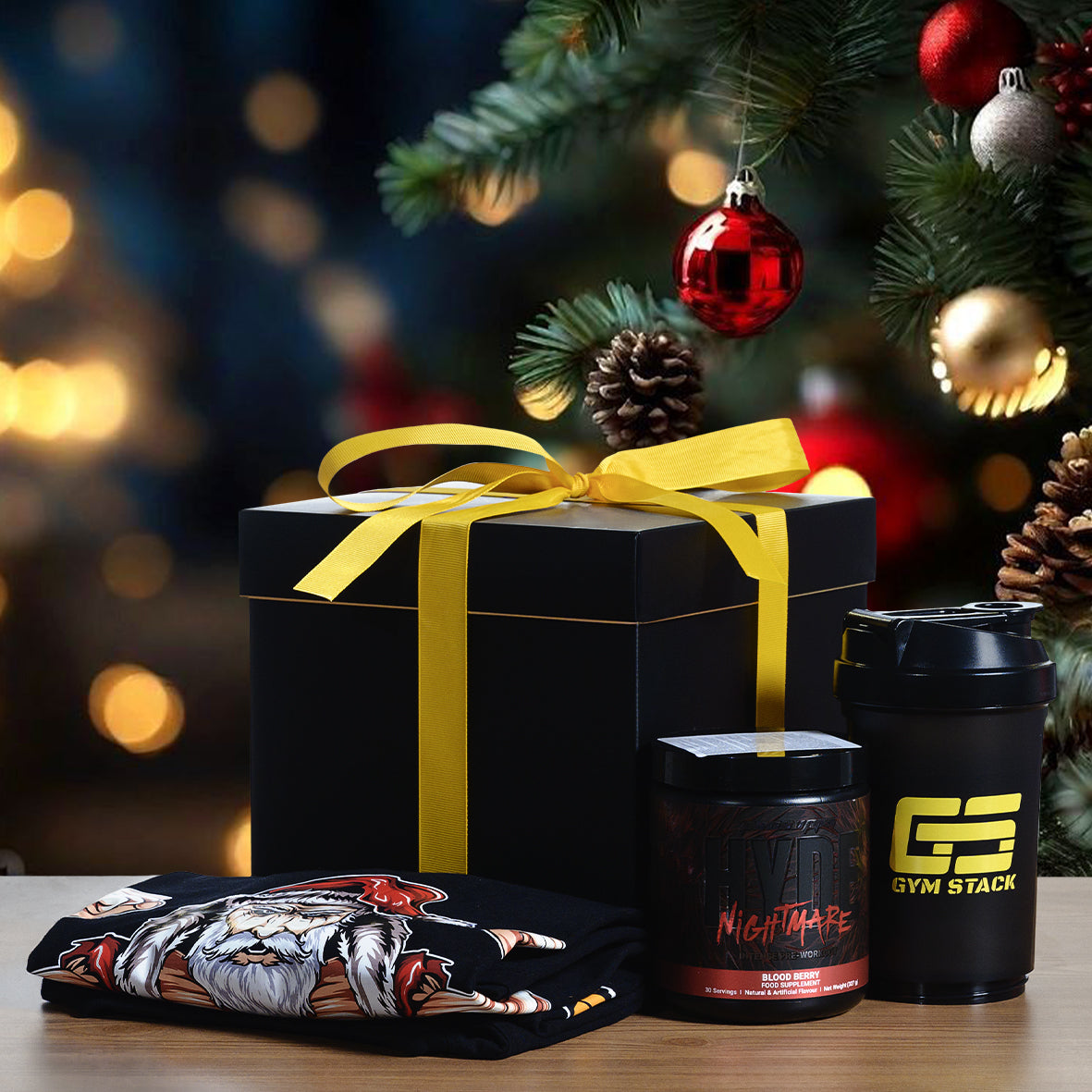 Pachet cadou Crăciun, Prosupps Hyde Nightmare + Shaker Gym Stack + Tricou Jacked Santa