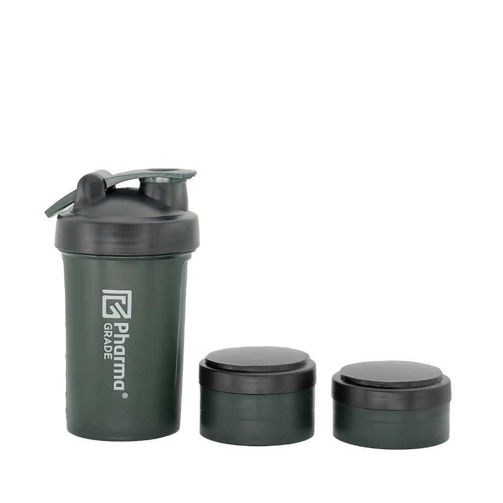 Pharma Grade Triple Pro Shaker 450ml vedere frontala branding discret verde military