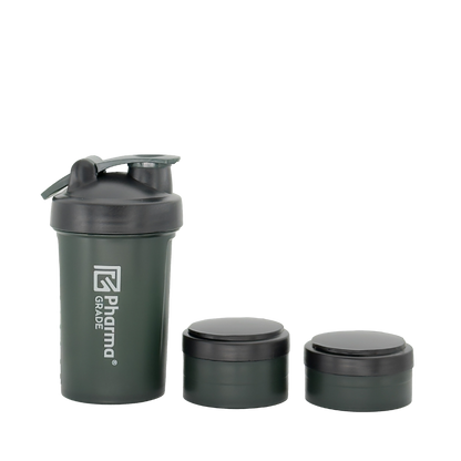 Pharma Grade Triple Pro Shaker 450ml vedere frontala branding discret verde military
