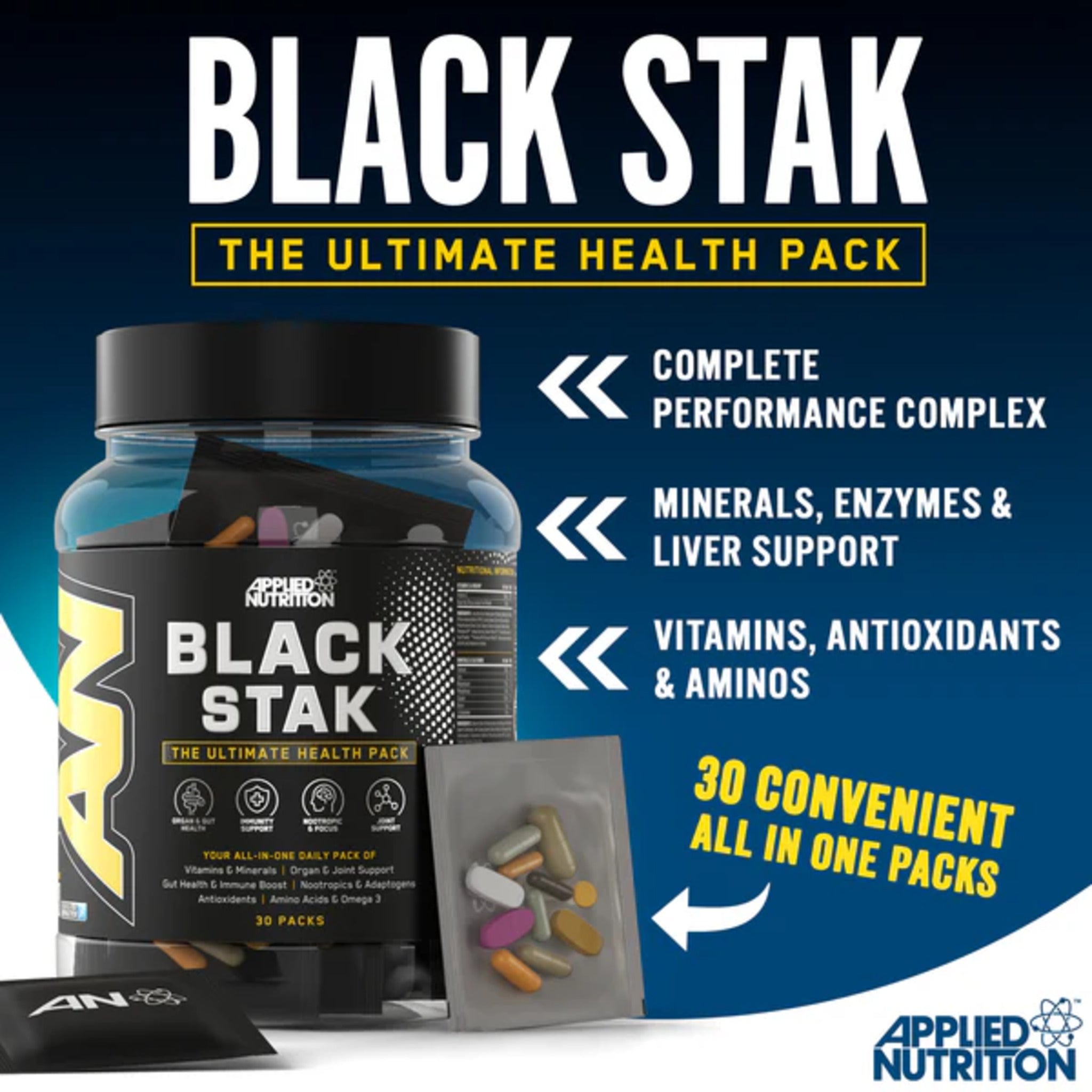 Complex Vitamine si Minerale, Applied Nutrition, Black Stak,The Ultimate Health Pack, 30 Portii