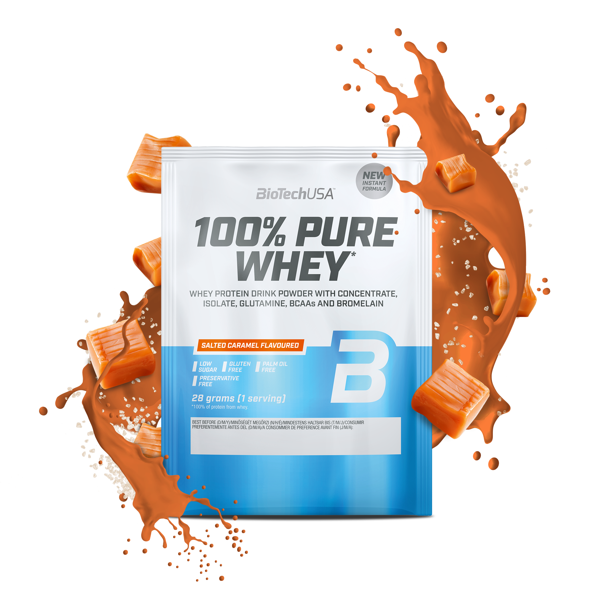 Proteina din zer, BioTechUSA, 100% Pure Whey, 28g, Salted Caramel