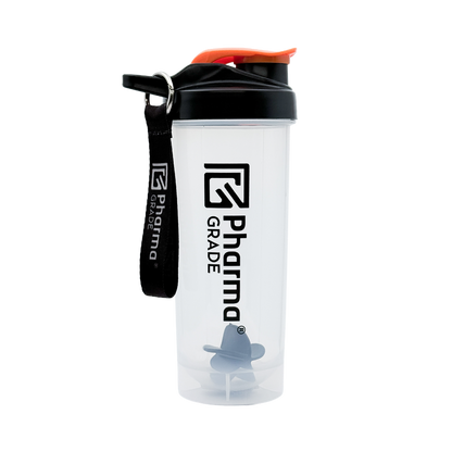 Shaker Pharma Grade Pro 700ml transparent cu capac negru si accent orange vedere frontala