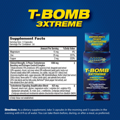 Supliment pentru Susținerea Testosteronului, MHP, T-Bomb 3xtreme, 168 Capsule