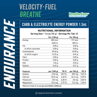 Black Friday - Reduceri Complex Carbohidrati si Electroliti, Applied Nutrition, Carb & Electrolyte, Velocity-Fuel Breathe, 1500g Promotie